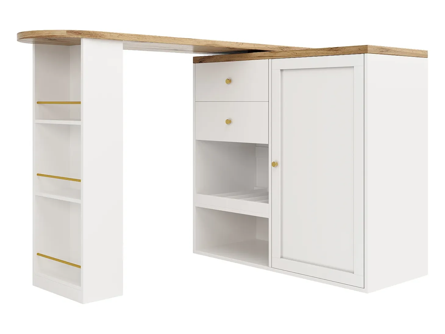 Mesa de bar giratoria de madera con 1 puerta y 2 cajones Isla de cocina con almacenaje 138x39x102 cm - blanco