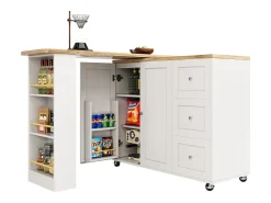 Mesa de bar giratoria móvil 2 puertas y 3 cajones Isla de cocina con tablero extensible (135-203)x39x106 cm - blanco