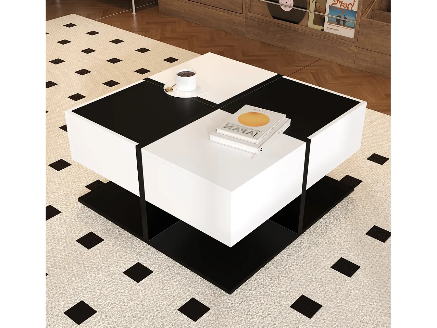 Mesa de café cuadrada con 2 cajones de almacenamiento, negro y blanco - para salón y dormitorio