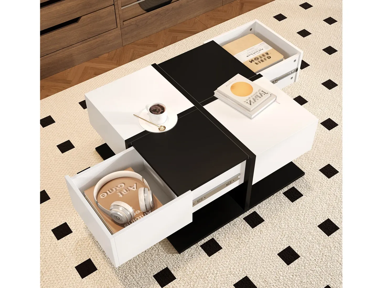 Mesa de café cuadrada con 2 cajones de almacenamiento, negro y blanco - para salón y dormitorio