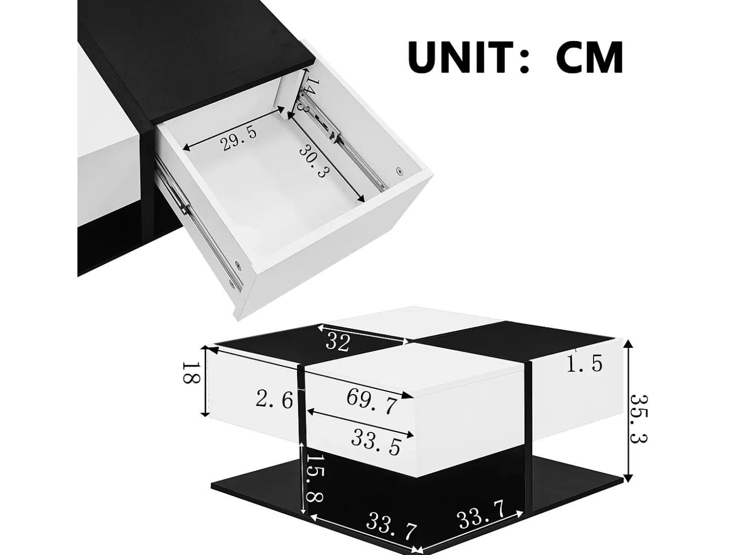 Mesa de café cuadrada con 2 cajones de almacenamiento, negro y blanco - para salón y dormitorio