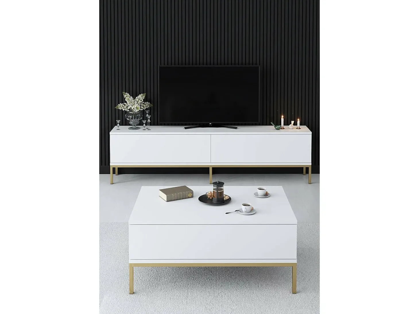 Mesa de café Kailua Z113, Dorado|Blanco, 40x60x90cm, Aglomerado laminado, Angular