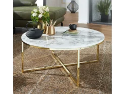 mesa de café 80x36x80 cm con aspecto de mármol blanco | Mesa de salón con estructura de metal | Mesa de centro mesa redonda salón | Mesa auxiliar