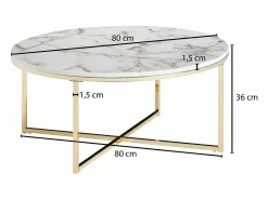 mesa de café 80x36x80 cm con aspecto de mármol blanco | Mesa de salón con estructura de metal | Mesa de centro mesa redonda salón | Mesa auxiliar