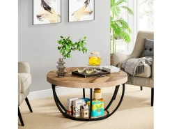 Mesa de cóctel redonda industrial y moderna de dos niveles con estantes, mesa auxiliar circular para sofá con patas de metal