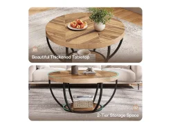 Mesa de cóctel redonda industrial y moderna de dos niveles con estantes, mesa auxiliar circular para sofá con patas de metal