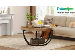 Mesa de cóctel redonda industrial y moderna de dos niveles con estantes, mesa auxiliar circular para sofá con patas de metal