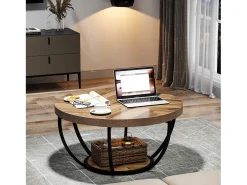 Mesa de cóctel redonda industrial y moderna de dos niveles con estantes, mesa auxiliar circular para sofá con patas de metal