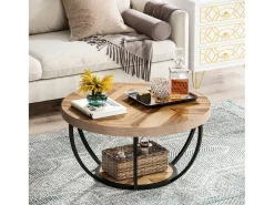 Mesa de cóctel redonda industrial y moderna de dos niveles con estantes, mesa auxiliar circular para sofá con patas de metal