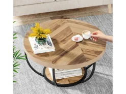 Mesa de cóctel redonda industrial y moderna de dos niveles con estantes, mesa auxiliar circular para sofá con patas de metal