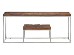 Mesa de centro acero inoxidable madera maciza traviesa plateado
