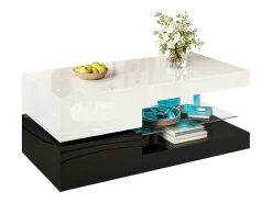 Mesa de centro alto brillo 90×45×35,5 cm - con iluminación LED - estante de vidrio - paneles de partículas - blanco + negro