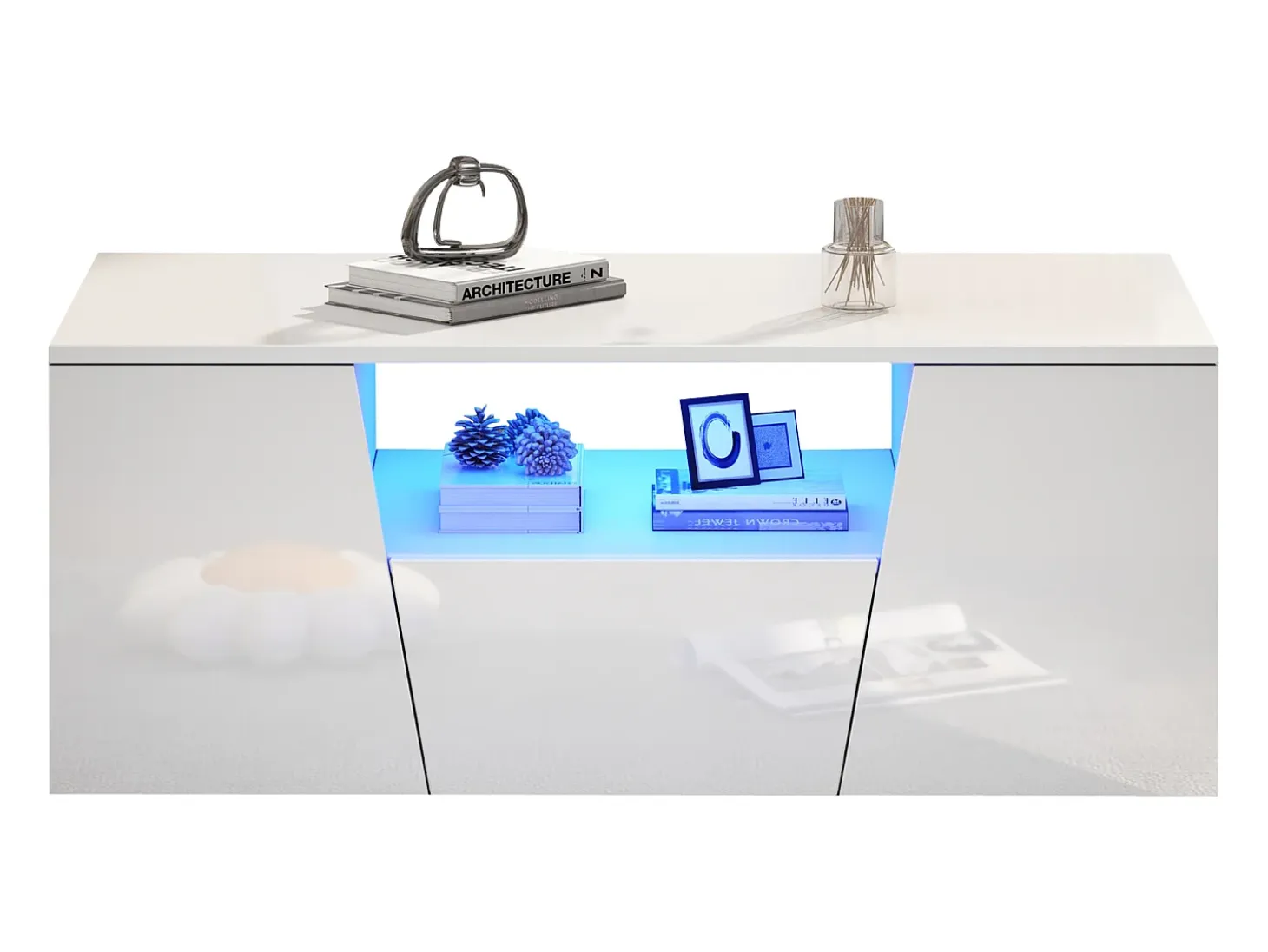 Mesa de centro alto brillo 100×50×40 cm - con iluminación LED - 2 puertas y 1 cajón - blanco