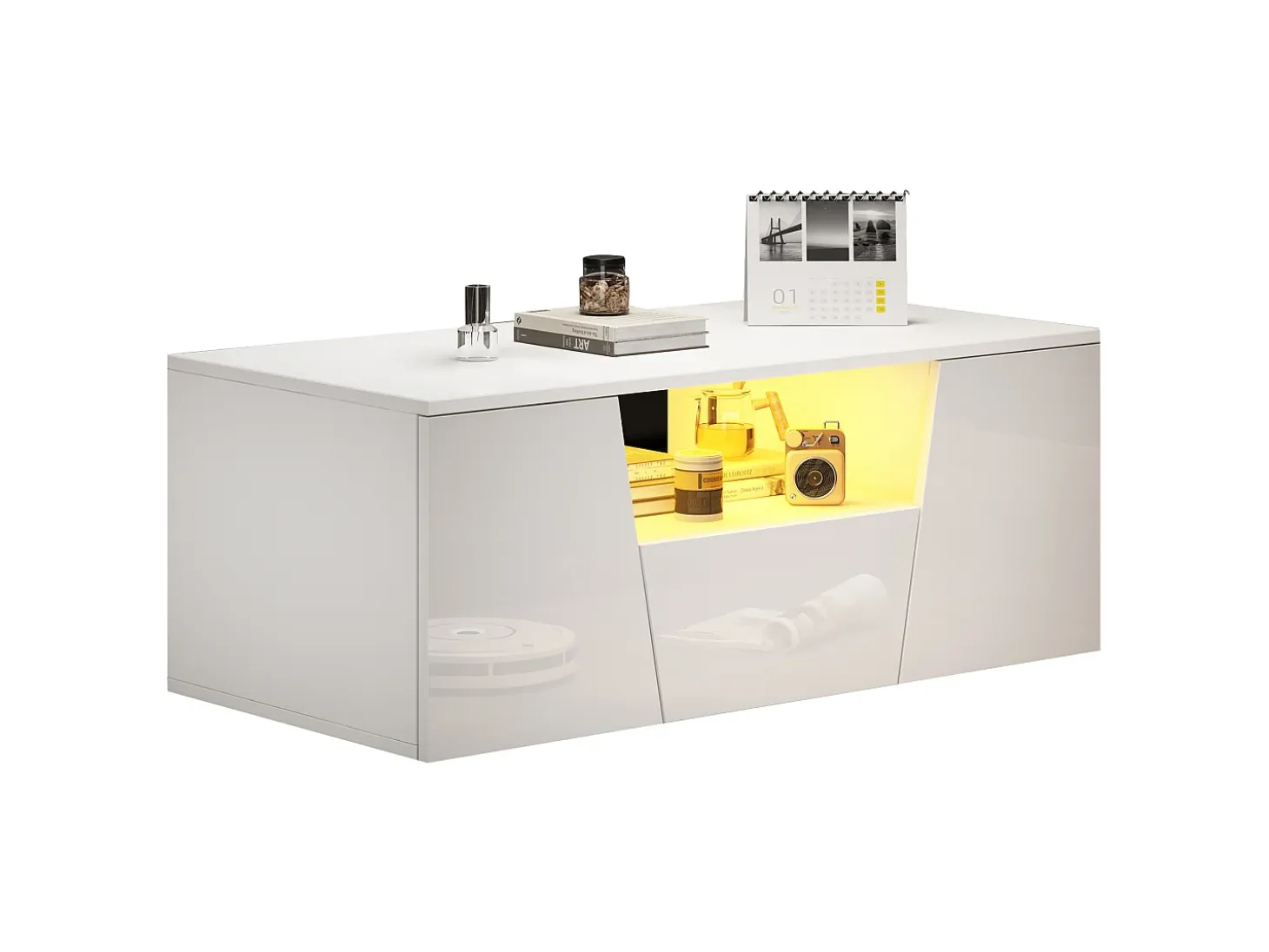 Mesa de centro alto brillo 100×50×40 cm - con iluminación LED - 2 puertas y 1 cajón - blanco