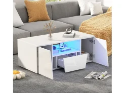 Mesa de centro alto brillo 100×50×40 cm - con iluminación LED - 2 puertas y 1 cajón - blanco