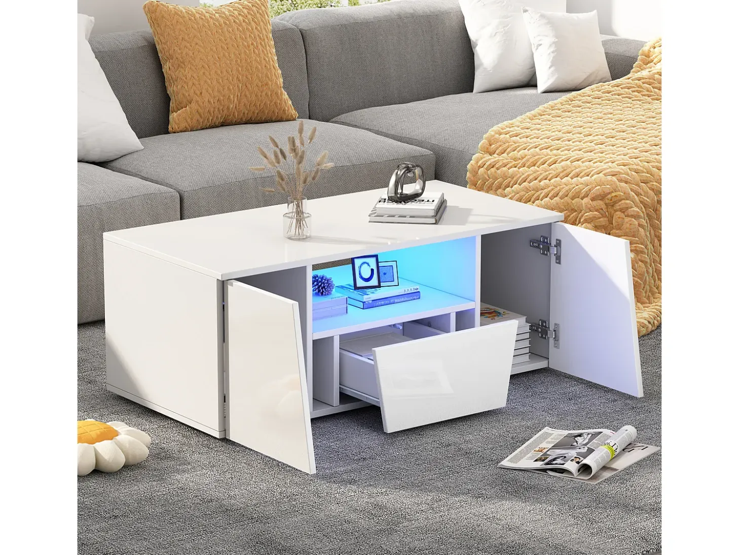 Mesa de centro alto brillo 100×50×40 cm - con iluminación LED - 2 puertas y 1 cajón - blanco
