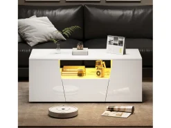 Mesa de centro alto brillo 100×50×40 cm - con iluminación LED - 2 puertas y 1 cajón - blanco