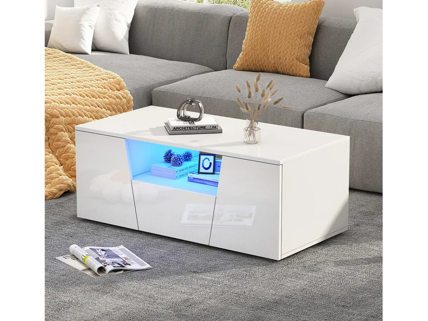 Mesa de centro alto brillo 100×50×40 cm - con iluminación LED - 2 puertas y 1 cajón - blanco