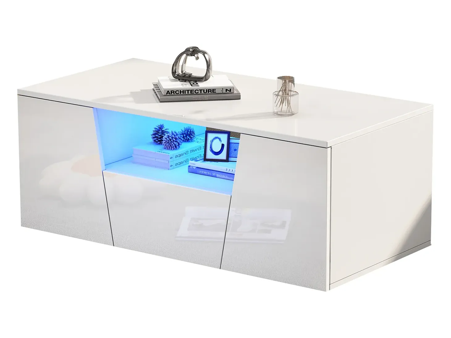Mesa de centro alto brillo 100×50×40 cm - con iluminación LED - 2 puertas y 1 cajón - blanco