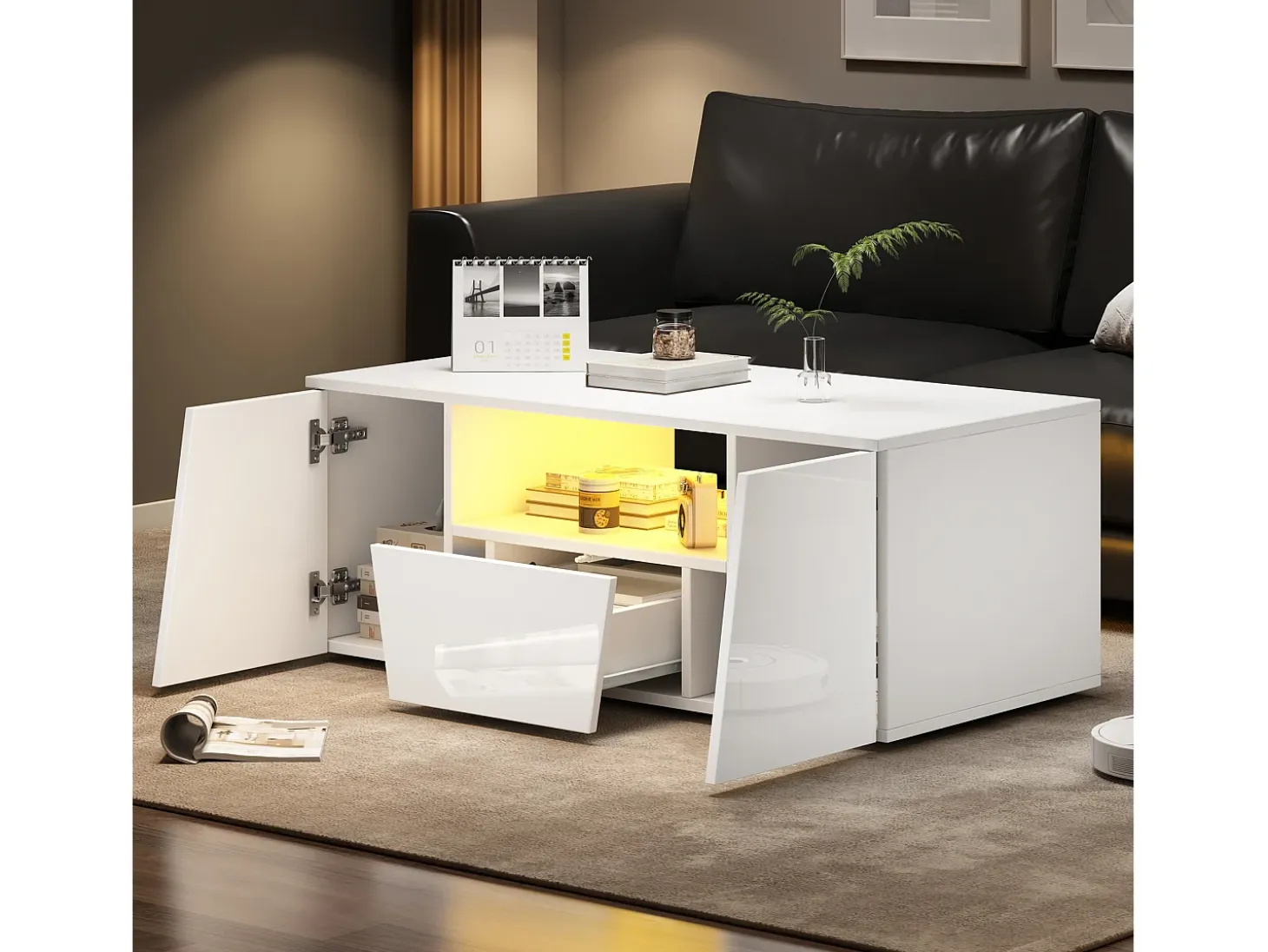 Mesa de centro alto brillo 100×50×40 cm - con iluminación LED - 2 puertas y 1 cajón - blanco