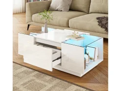 Mesa de centro blanca - Mesa de centro con iluminación LED y 2 cajones - tapa de cristal