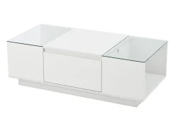 Mesa de centro blanca - Mesa de centro con iluminación LED y 2 cajones - tapa de cristal