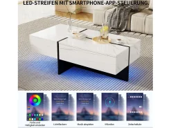 Mesa de centro blanca brillante, mesa de salón, tablero de mármol con LED, 100 x 50 x 34,5 cm