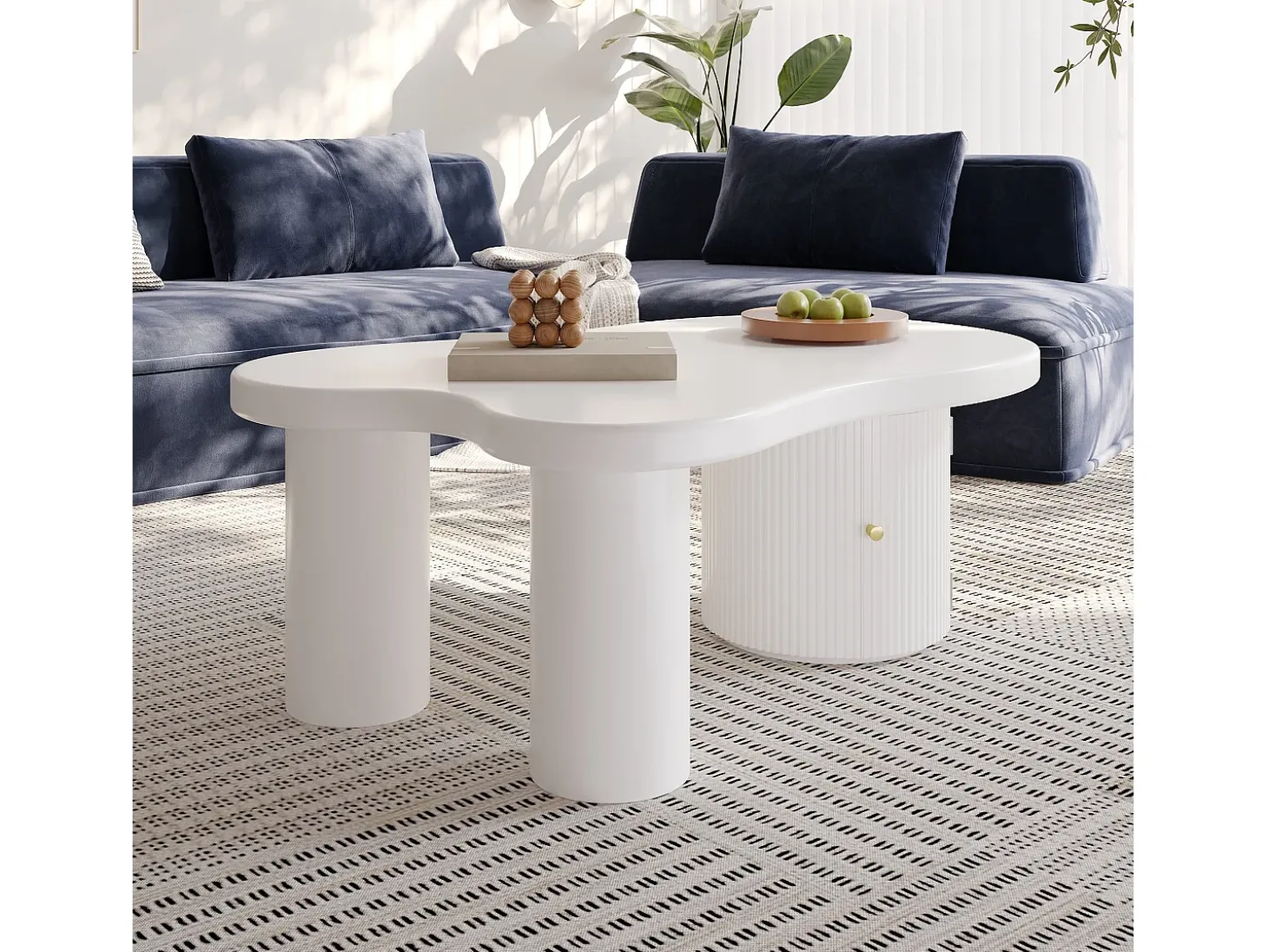 Mesa de centro blanca con puerta, diseño asimétrico, MDF