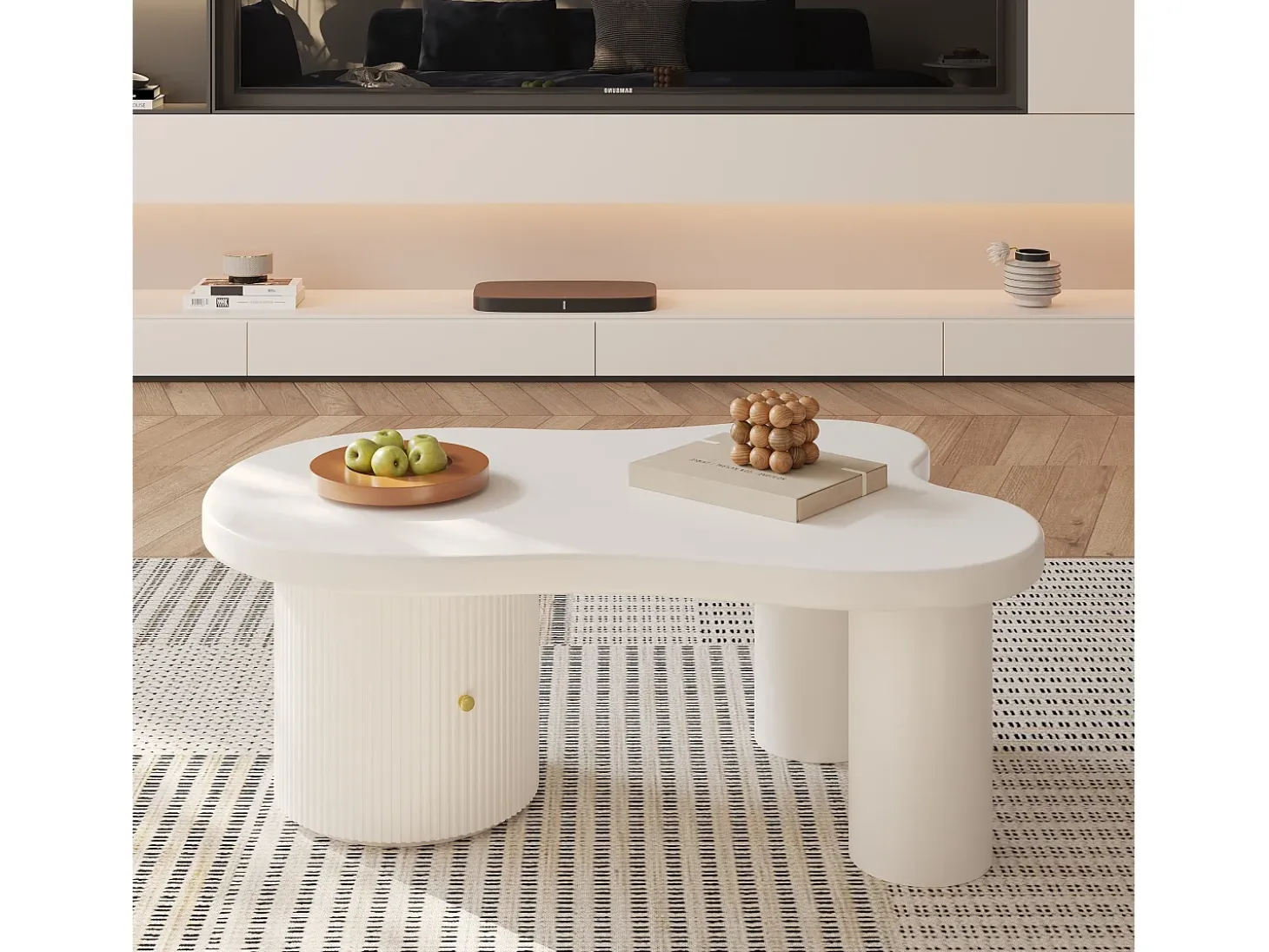 Mesa de centro blanca con puerta, diseño asimétrico, MDF