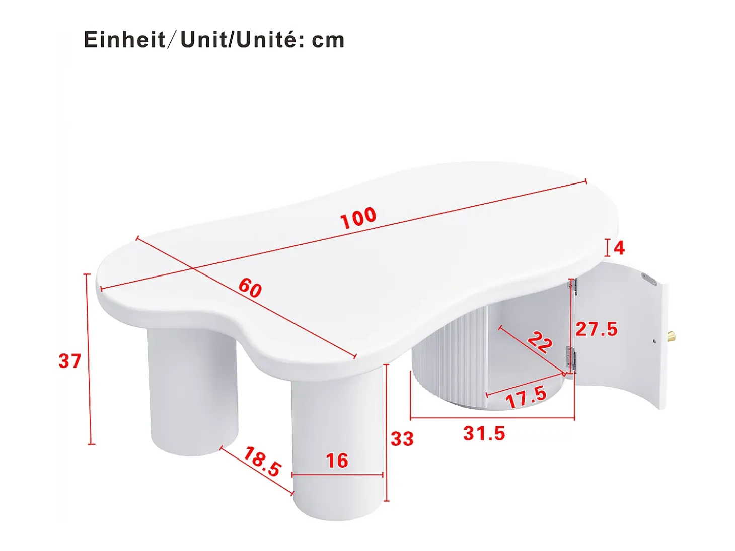 Mesa de centro blanca con puerta, diseño asimétrico, MDF