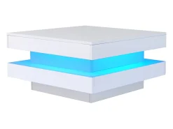Mesa de centro blanca, cuadrada con iluminación LED, diseño moderno - para salón y oficina