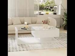 Mesa de centro brillante - 105 x 55 x 32,5 cm - Mesas auxiliares con cristal + LED + 1 cajón - aglomerado - blanco