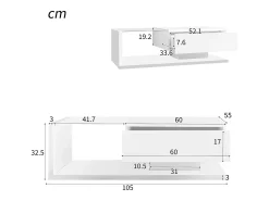 Mesa de centro brillante - 105 x 55 x 32,5 cm - Mesas auxiliares con cristal + LED + 1 cajón - aglomerado - blanco