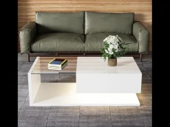 Mesa de centro brillante - 105 x 55 x 32,5 cm - Mesas auxiliares con cristal + LED + 1 cajón - aglomerado - blanco