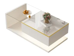 Mesa de centro brillante - 100 x 50 x 32,5 cm - con cristal + efecto LED + espacio de almacenamiento - aglomerado - blanco