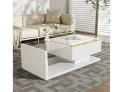 Mesa de centro brillante - 100 x 50 x 32,5 cm - con cristal + efecto LED + espacio de almacenamiento - aglomerado - blanco