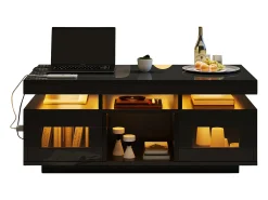 Mesa de centro brillante - 100 x 50 x 43 cm - con LED + 2 puertas + puerto de carga y enchufe - aglomerado - negro