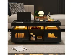 Mesa de centro brillante - 100 x 50 x 43 cm - con LED + 2 puertas + puerto de carga y enchufe - aglomerado - negro
