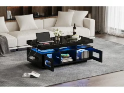 Mesa de centro brillante - 100 x 50 x 43 cm - con LED + 2 puertas + puerto de carga y enchufe - aglomerado - negro