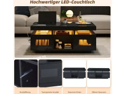 Mesa de centro brillante - 100 x 50 x 43 cm - con LED + 2 puertas + puerto de carga y enchufe - aglomerado - negro