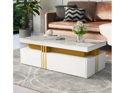 Mesa de centro con 2 cajones - tablero estampado de mármol - Estilo escandinavo - Blanco