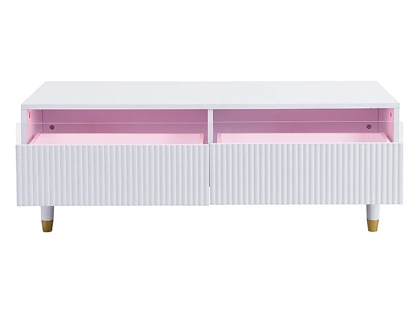 Mesa de centro con 2 cajones ondulados e iluminación LED - Blanco y dorado