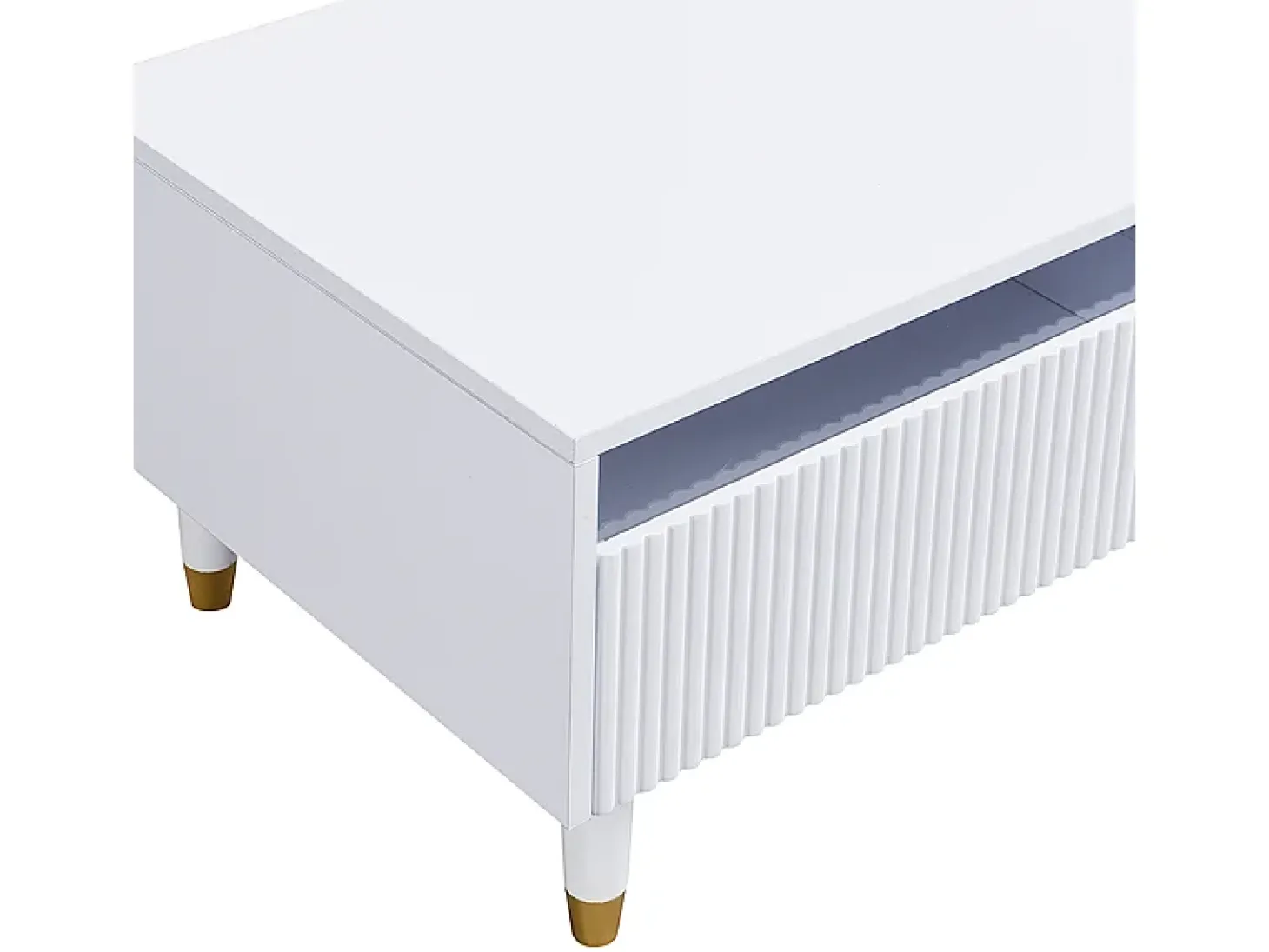 Mesa de centro con 2 cajones ondulados e iluminación LED - Blanco y dorado
