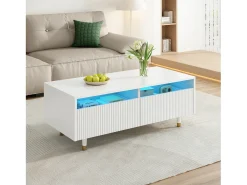 Mesa de centro con 2 cajones ondulados e iluminación LED - Blanco y dorado