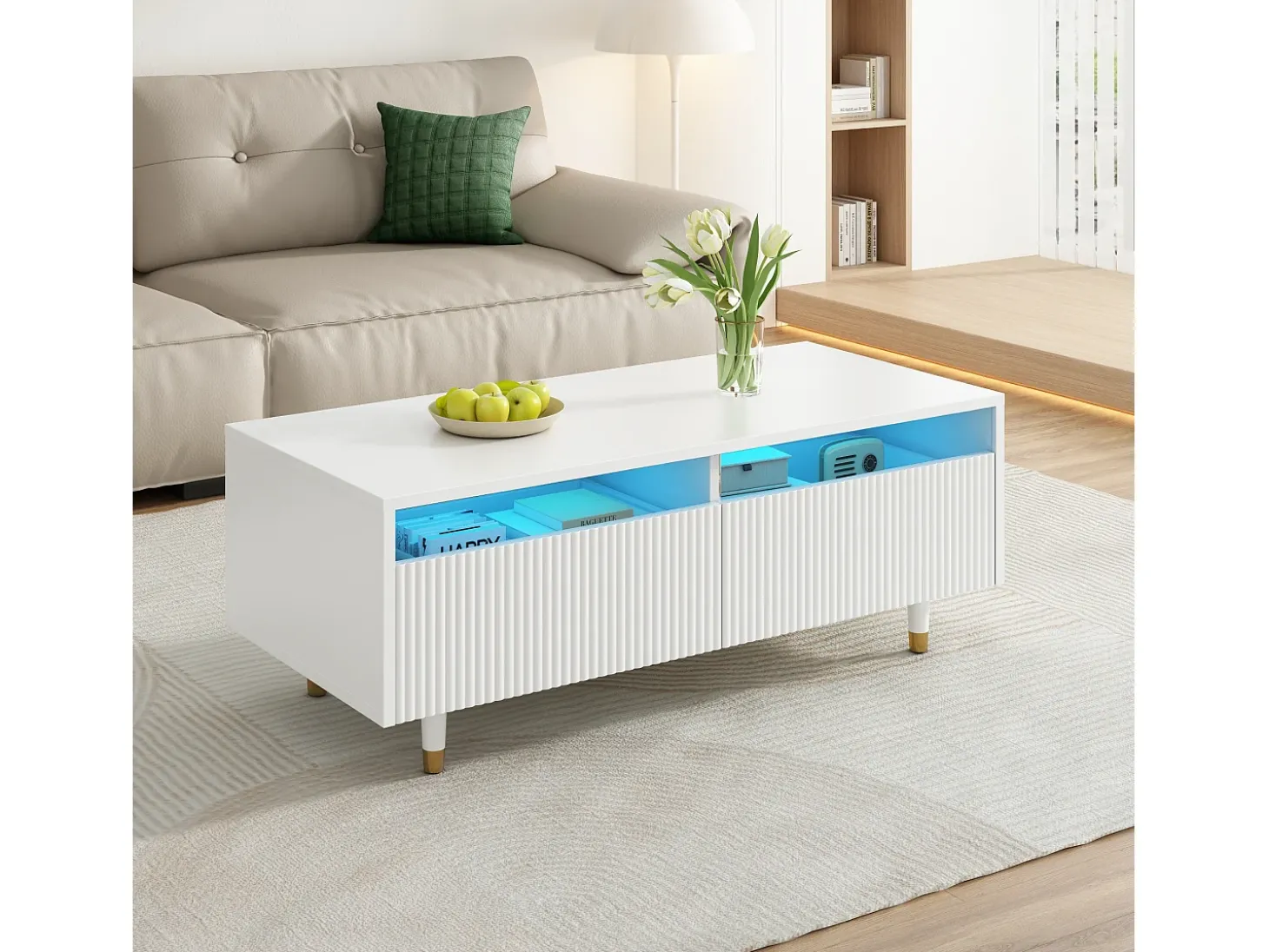 Mesa de centro con 2 cajones ondulados e iluminación LED - Blanco y dorado