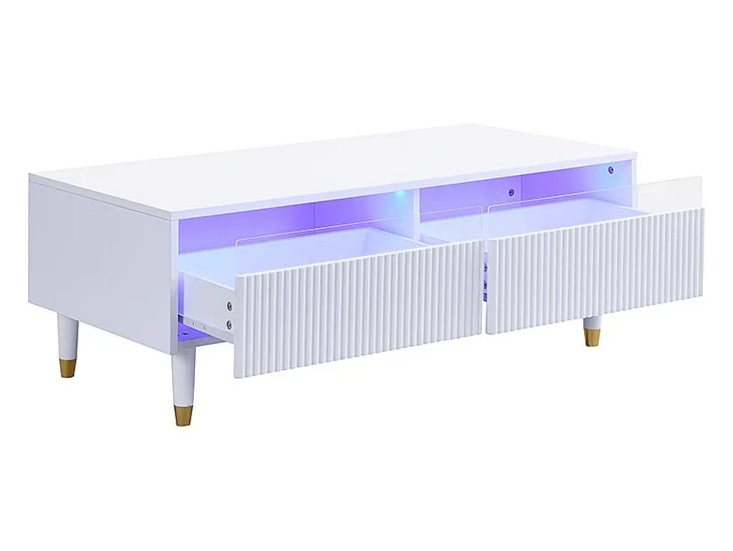 Mesa de centro con 2 cajones ondulados e iluminación LED - Blanco y dorado