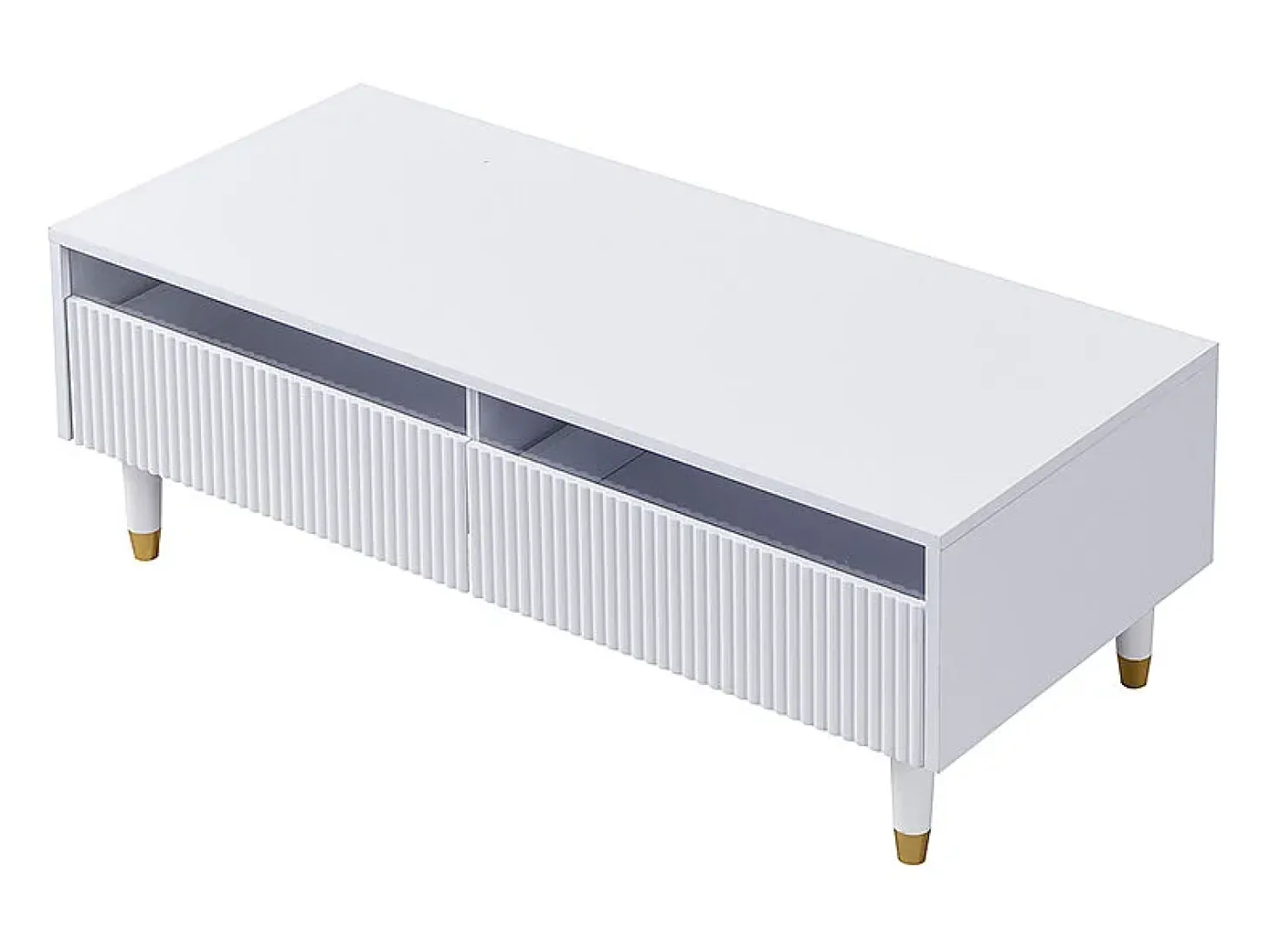 Mesa de centro con 2 cajones ondulados e iluminación LED - Blanco y dorado