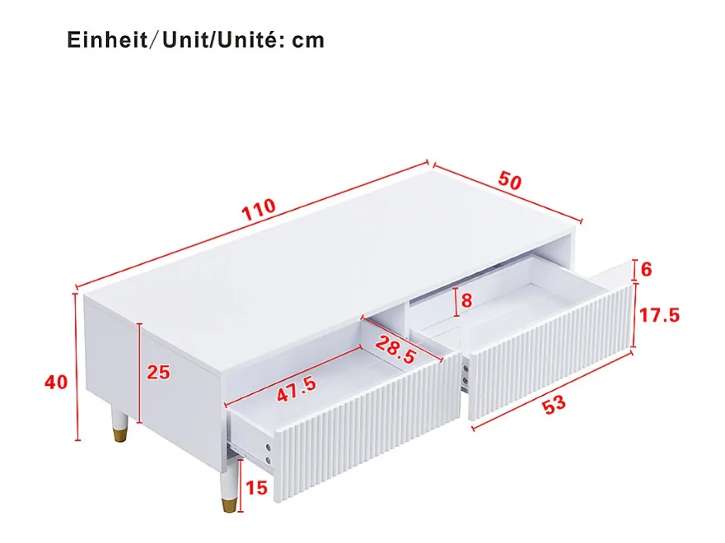 Mesa de centro con 2 cajones ondulados e iluminación LED - Blanco y dorado
