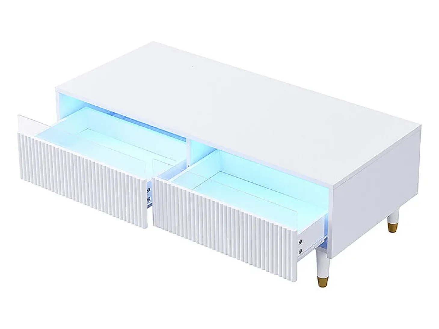 Mesa de centro con 2 cajones ondulados e iluminación LED - Blanco y dorado