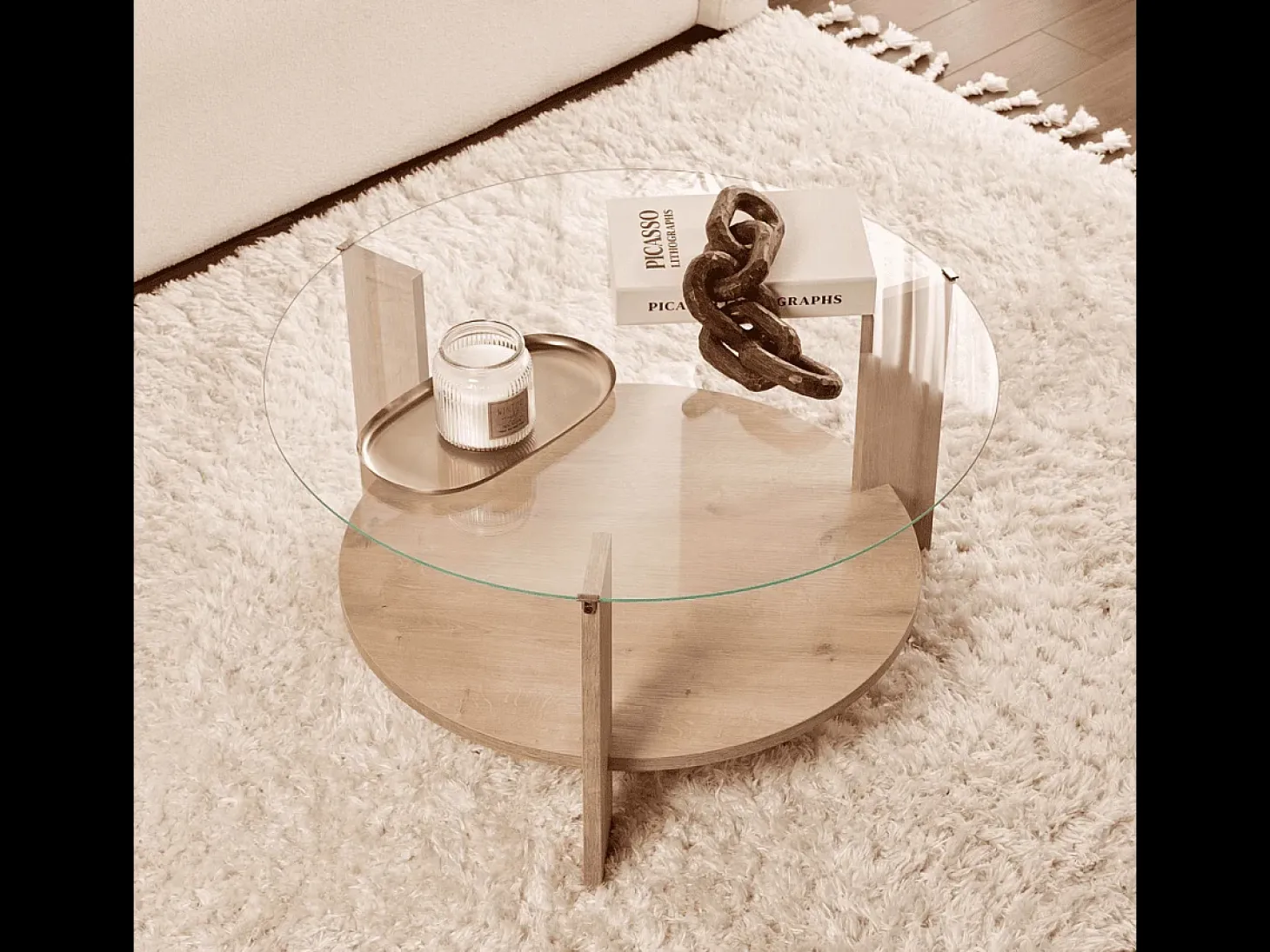 Mesa de centro con 2 tableros, uno de ellos de vidrio templado Ø75 cm - CLARA